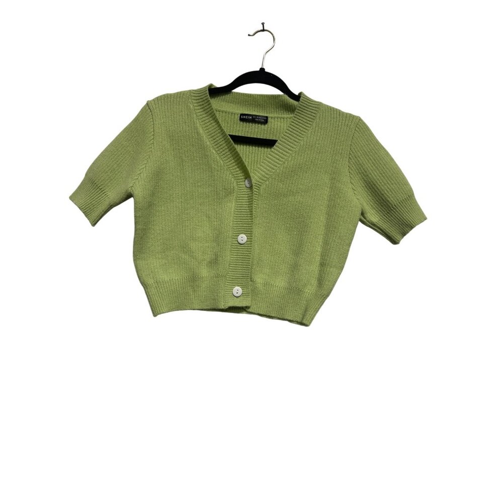Shein Womens Ribbed Knit Button-Up Cropped Cardigan Sweater Med (8/10) Green